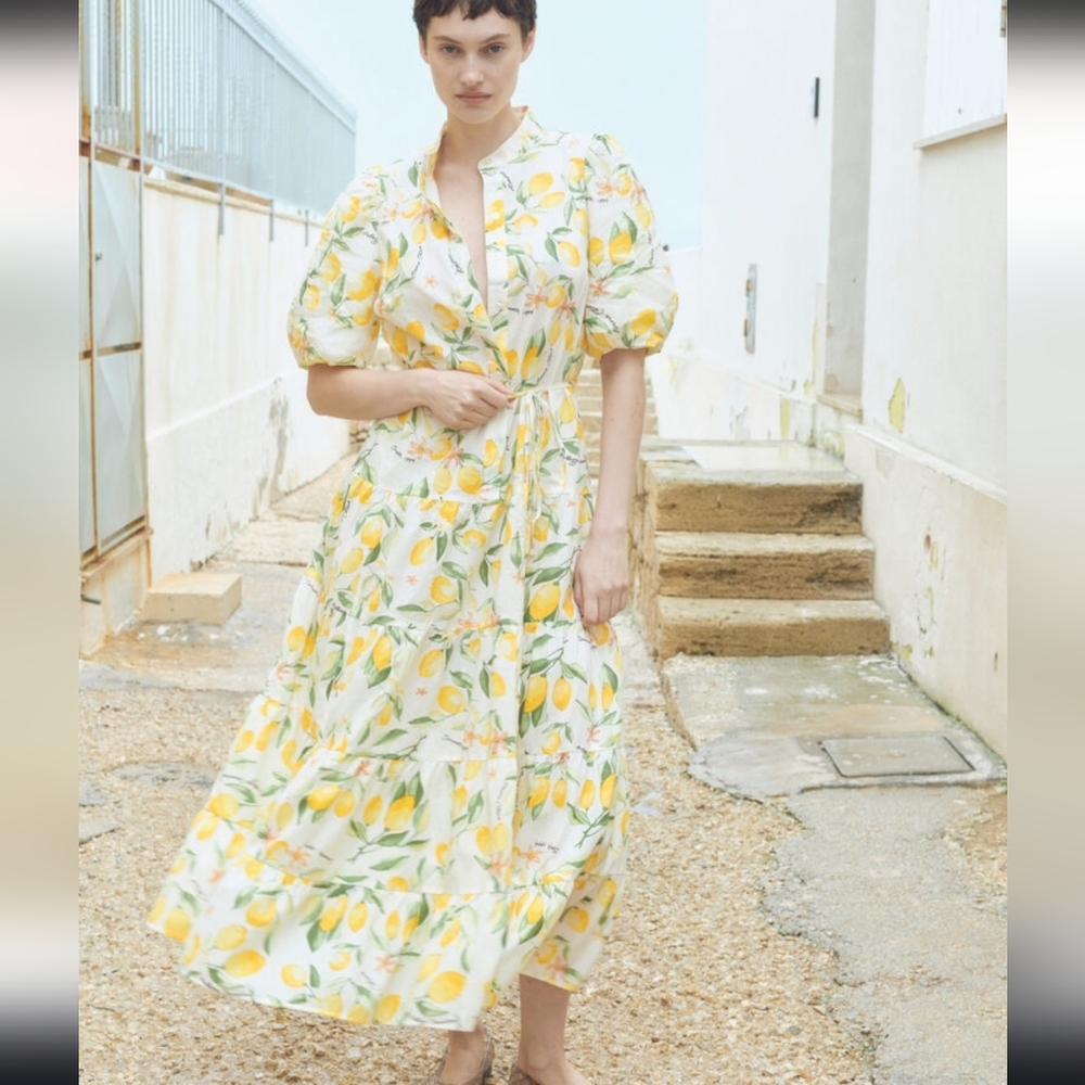 H&M Lemon Print Long Cotton Dress NWT Sma